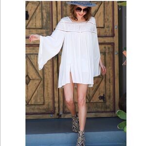 𝅺woven Gauze Tunic w/ Lace Contrast & Bell Sleeves